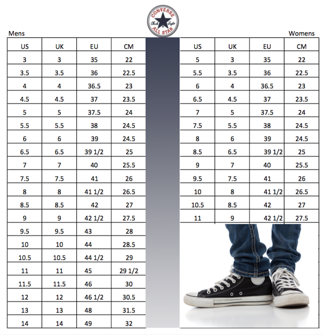 Converse Shoe Sizing Chart