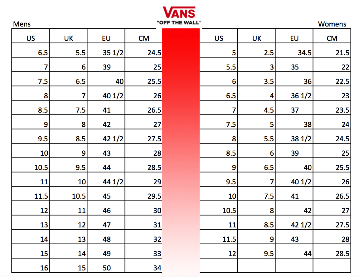 Vans Shoe Size Conversion Chart