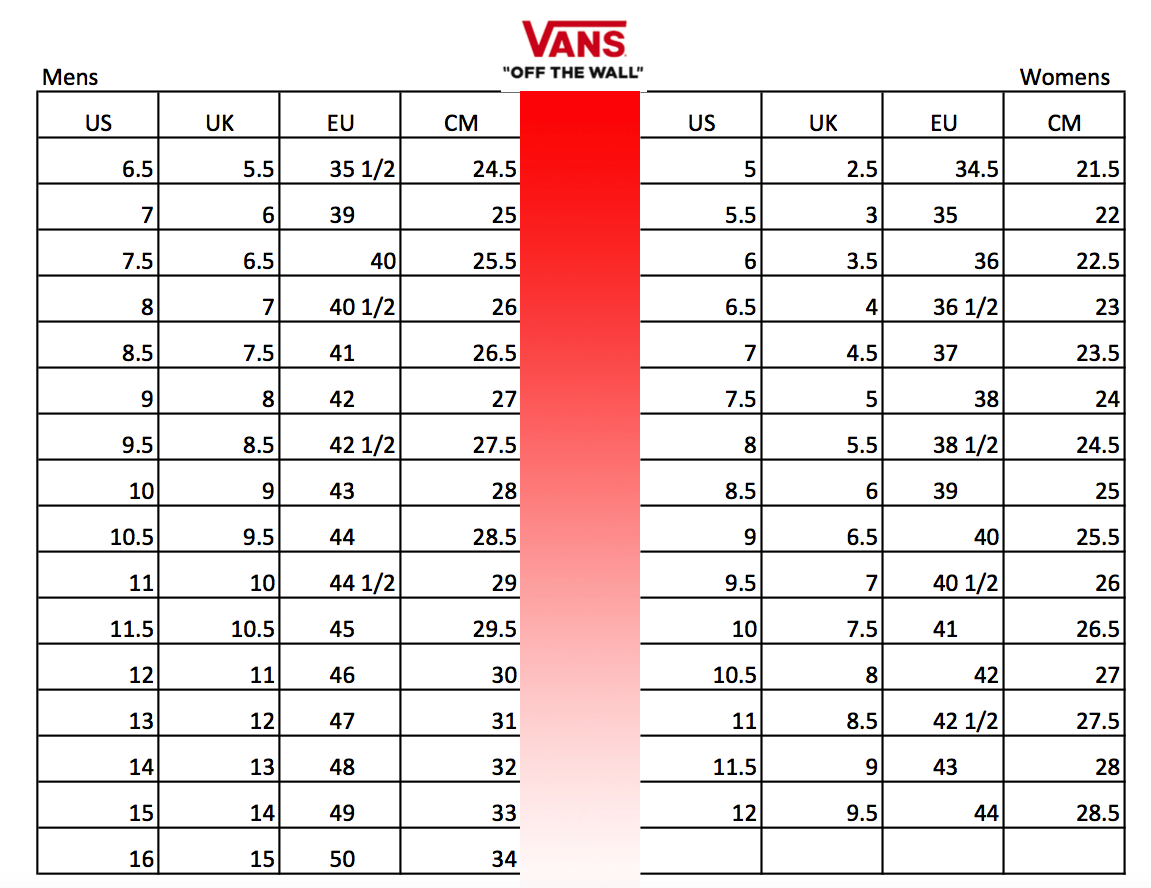 Vans Shoes Size Conversion Chart Soleracks