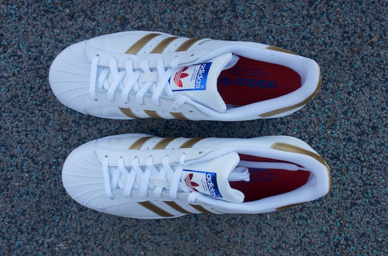 adidas superstar white with gold stripes