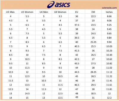 ASICS Shoes Size Chart - Men's & Women's - Soleracks