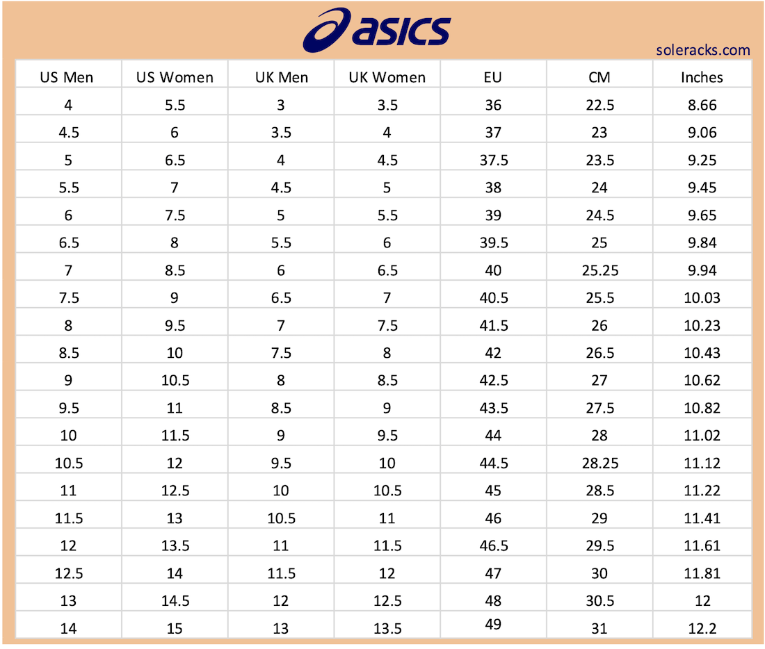 ASICS Shoes Size Chart