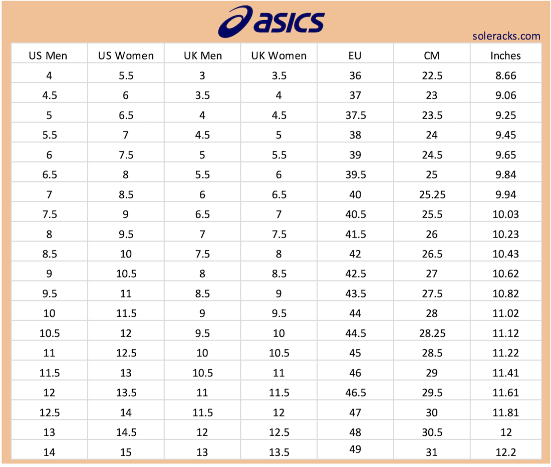 ASICS Size Chart Men Women Conversion Unisex