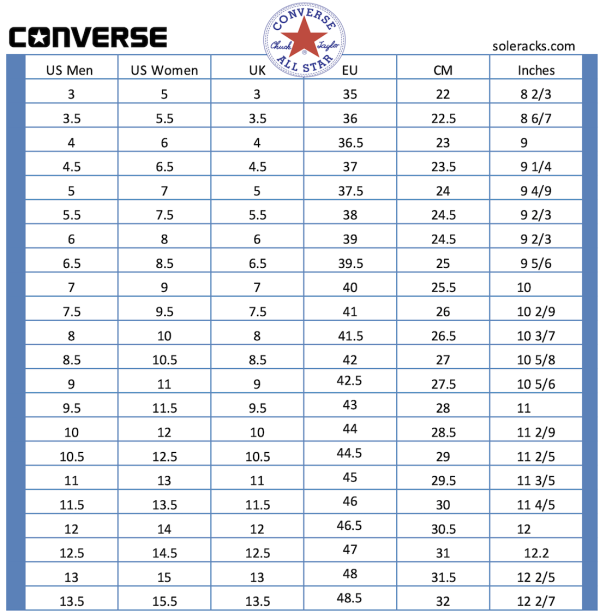 Converse Chuck Taylor Shoes Size Chart - Soleracks