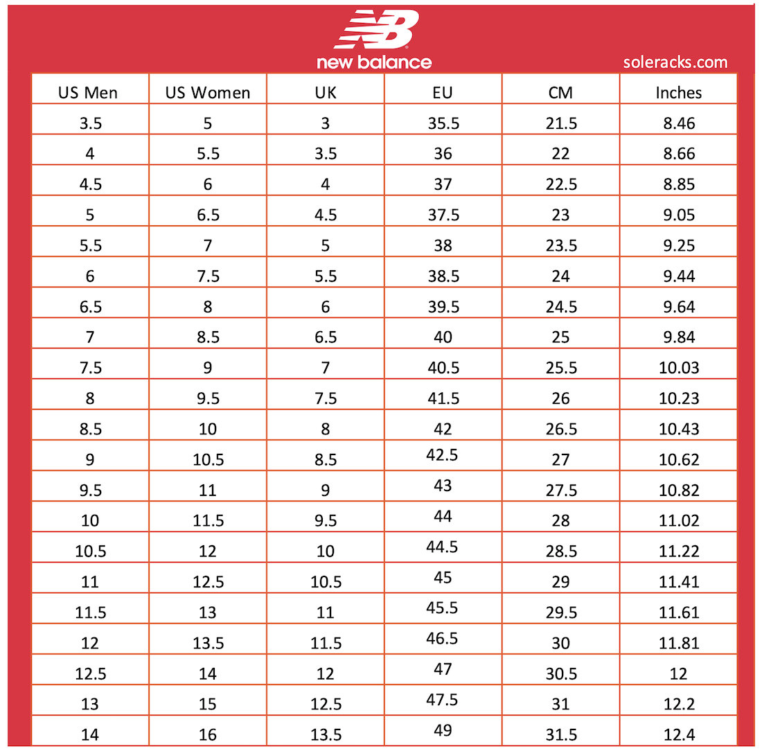 New Balance Shoes Size Chart - Soleracks