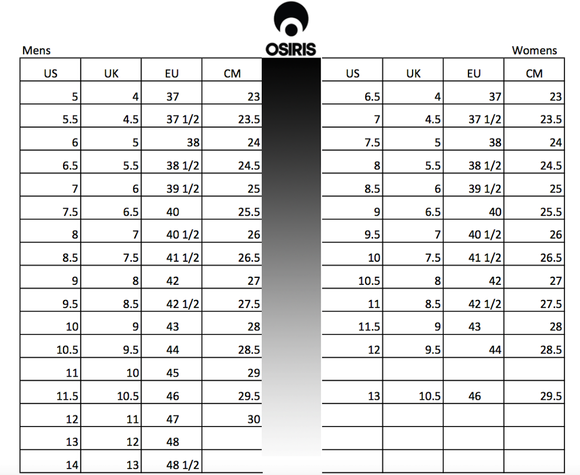 Osiris Shoes Size Chart