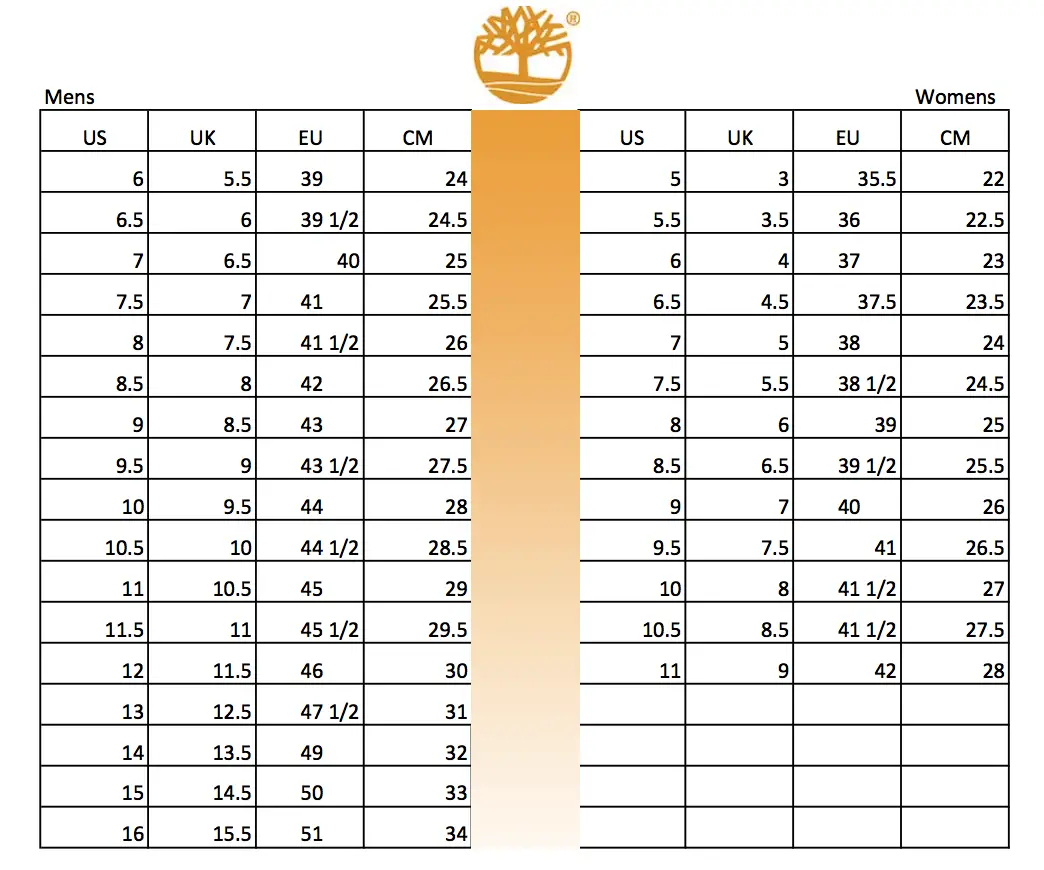 Timberland boot size chart and conversion table