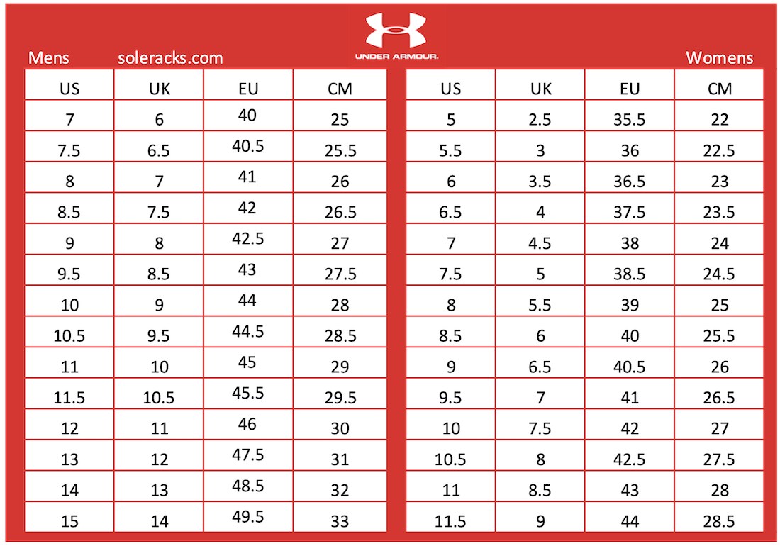 Under Armour men's and women's size chart