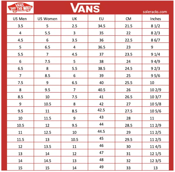 Vans Shoes Size Chart - Soleracks