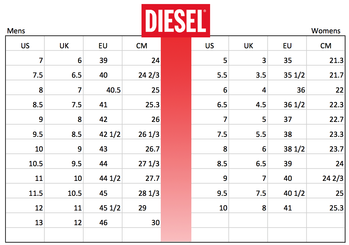 Diesel Mens Size Chart