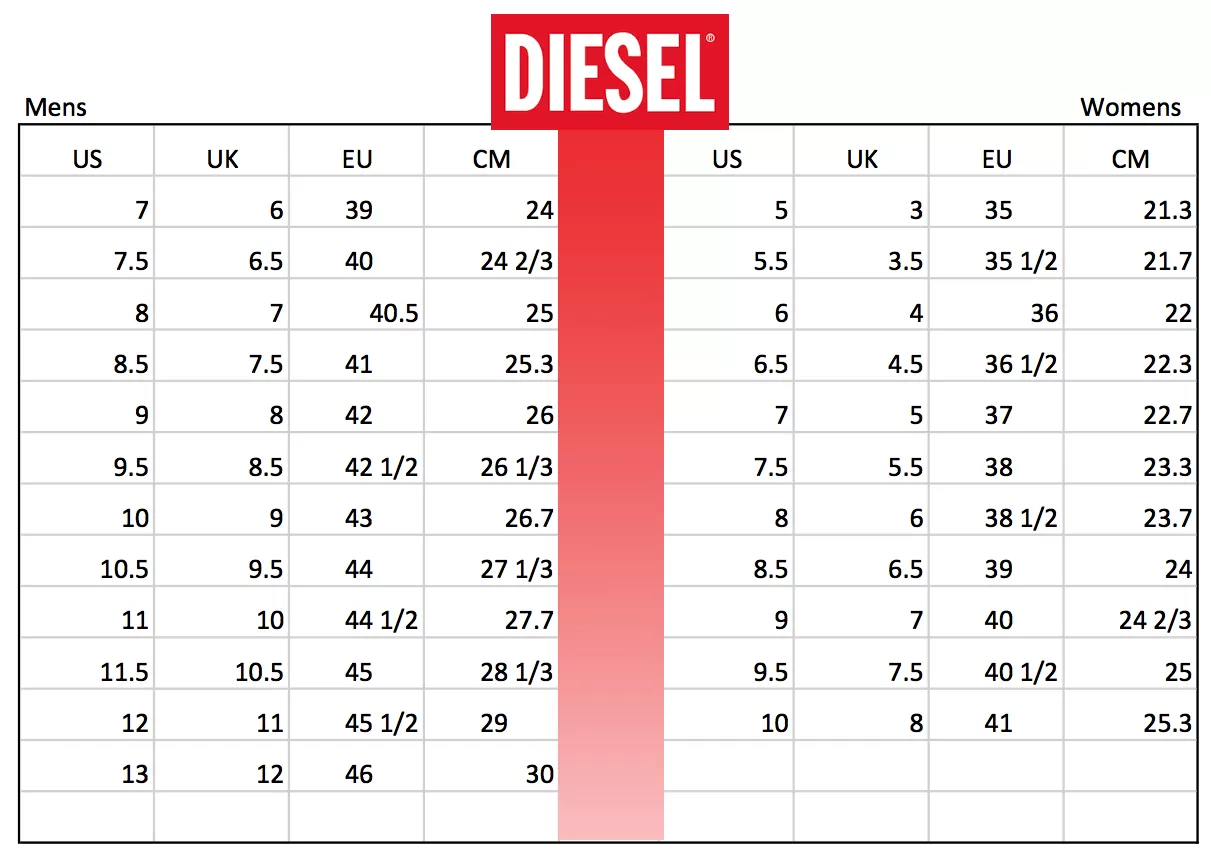 Diesel Shoes Size Chart Soleracks
