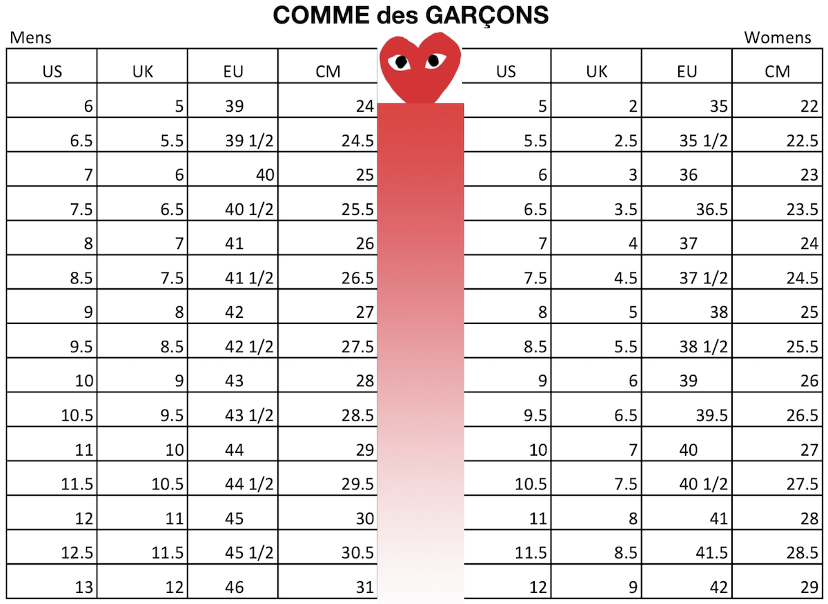 COMME des GARCONS size chart conversion men women
