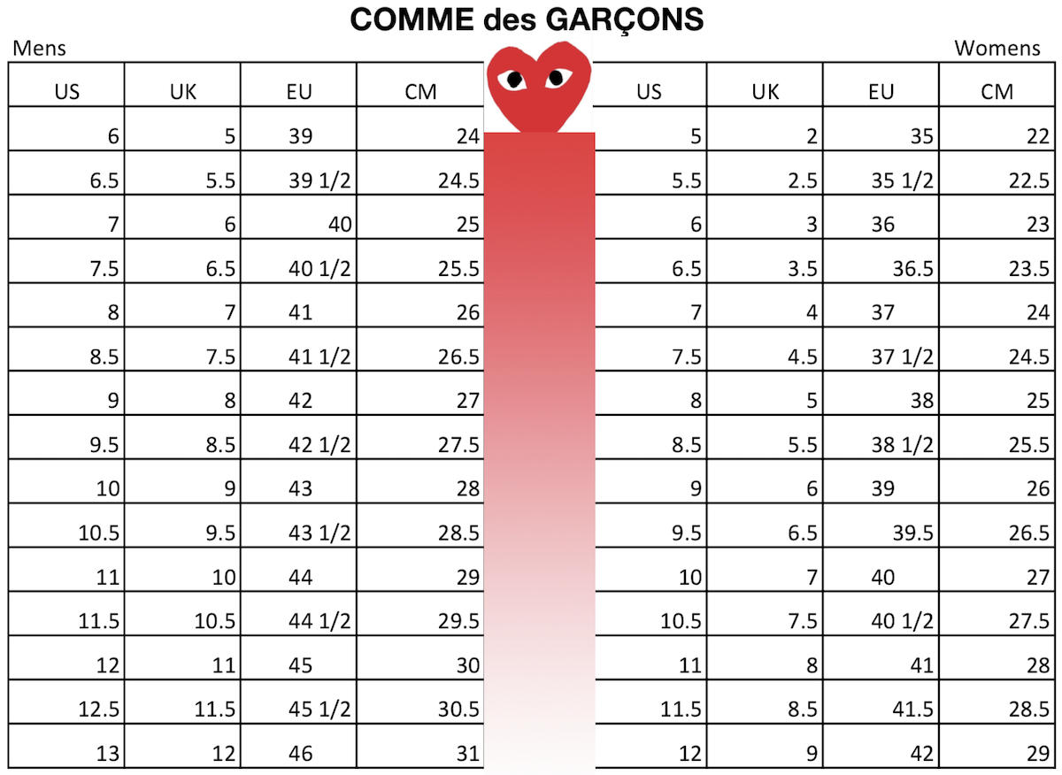 cdg x converse size chart