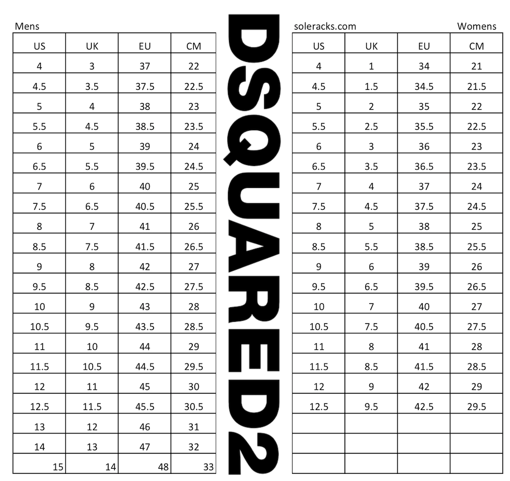 Dsquared2 Shoes Size Chart Guide Conversion Soleracks