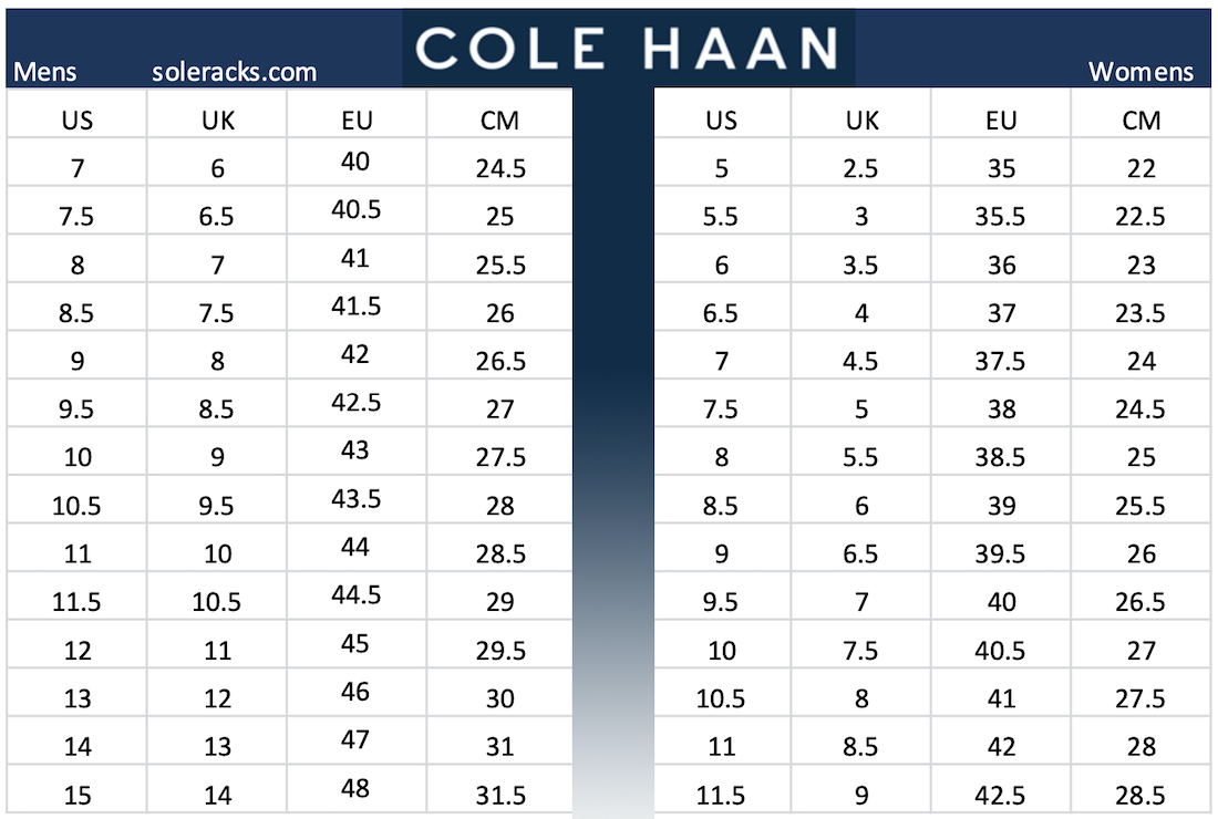 COLE HAAN Shoes Size Chart Men Women