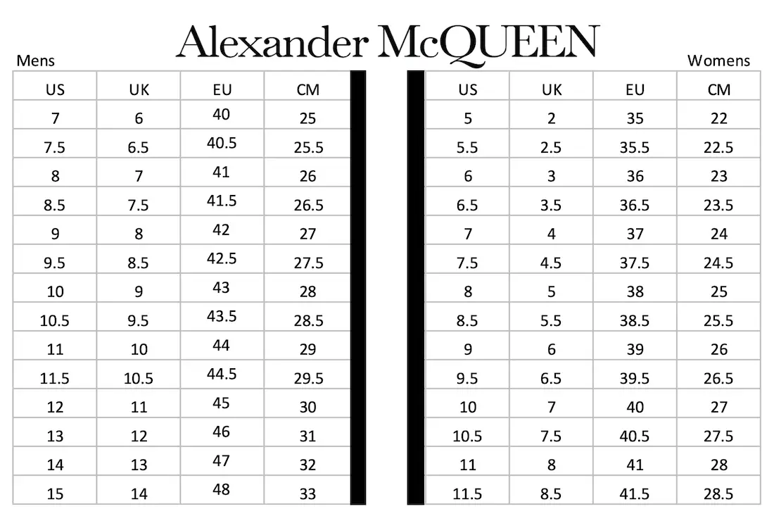 Badekar medlem Arbejdsgiver Alexander McQueen Shoes Size Chart Guide Conversion - Soleracks