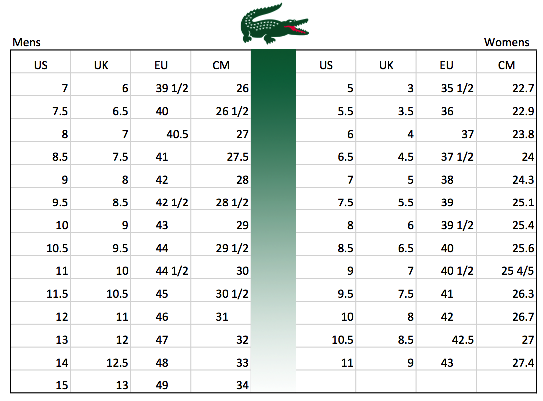 nike vs reebok size chart