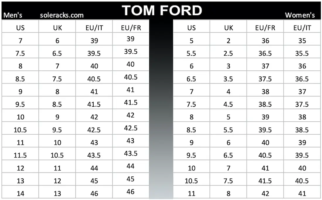 Tom Ford Shoes Size Chart
