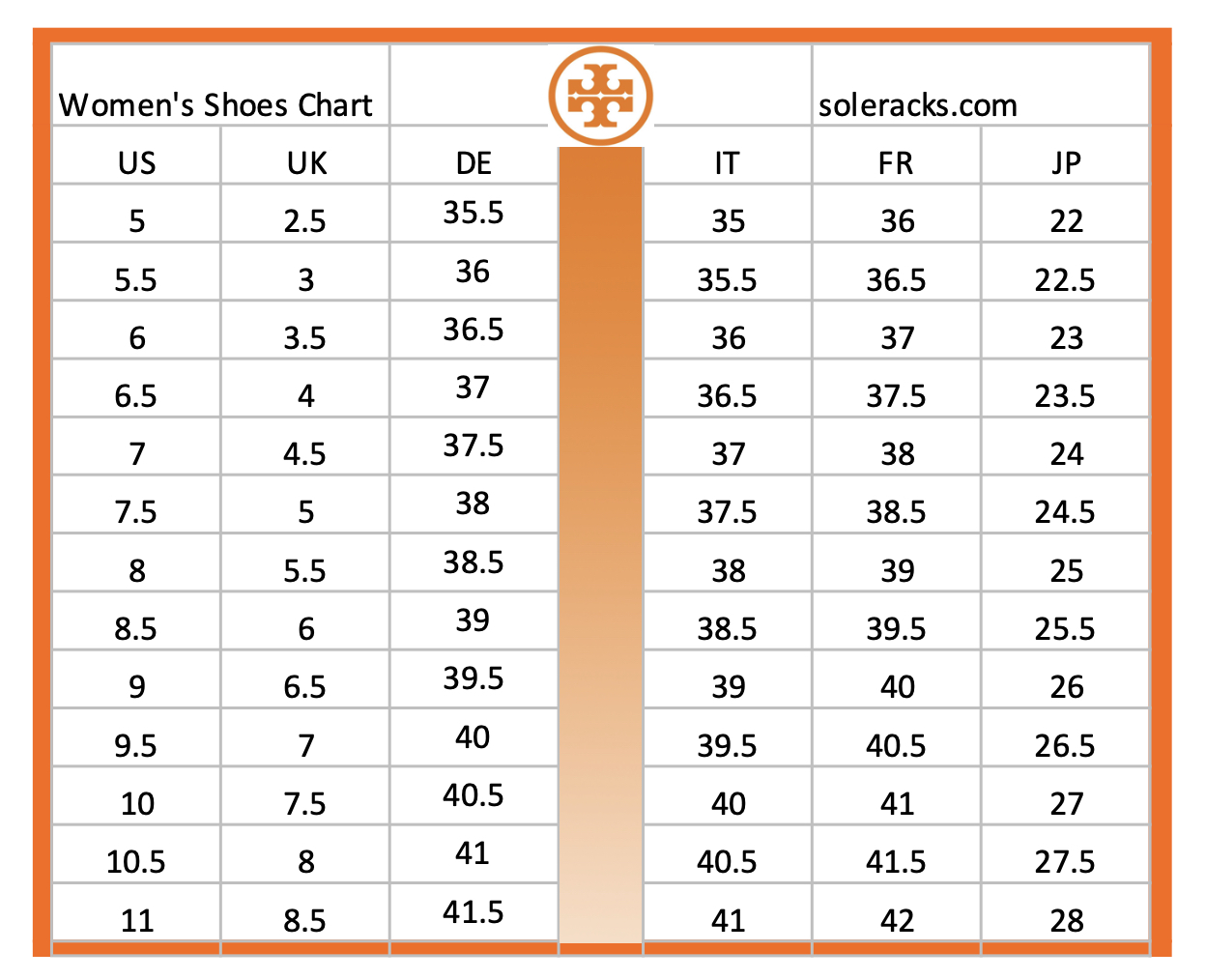 van shoe size chart