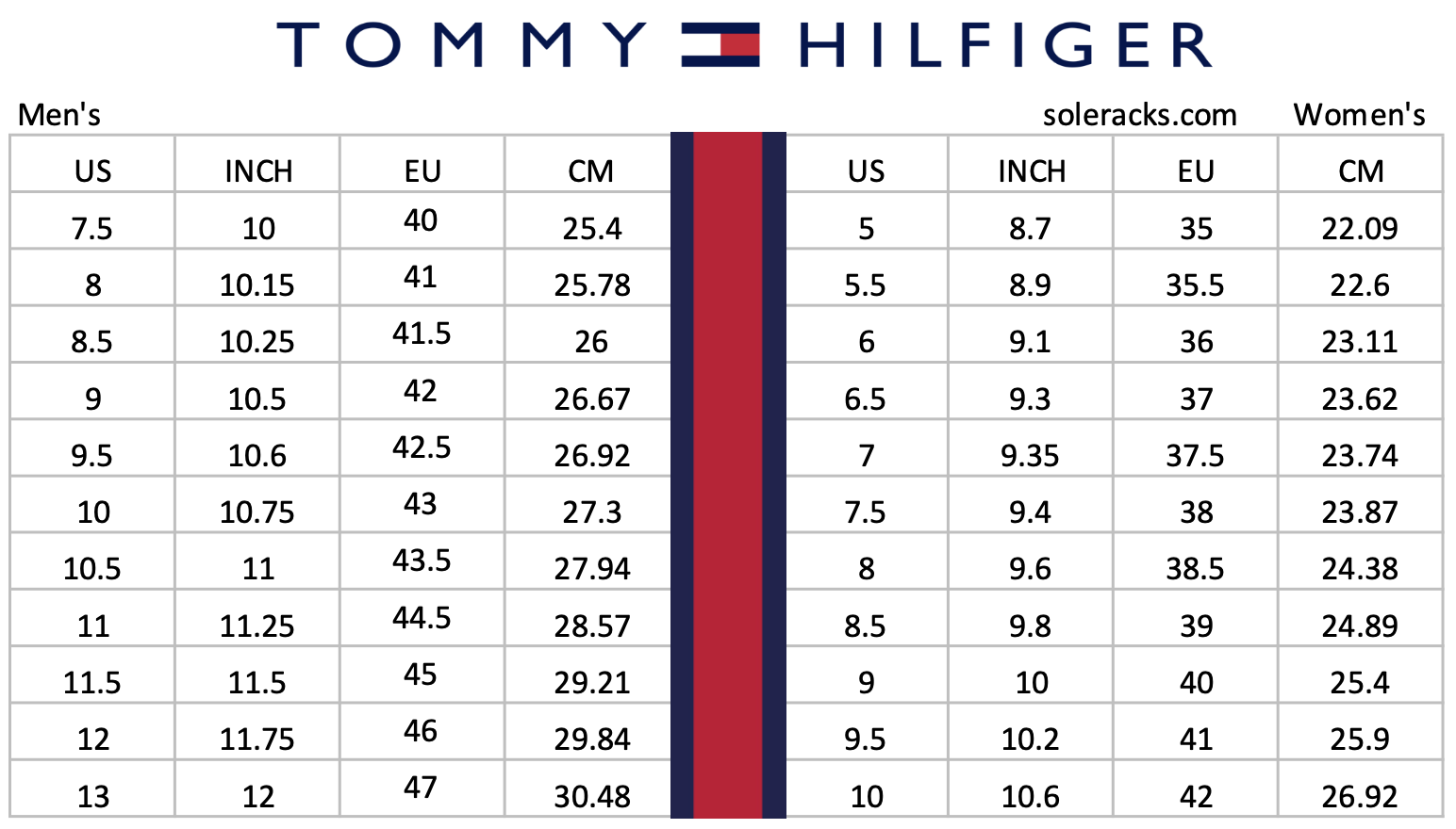 Example of Tommy Hilfiger Size chart converting men into women's sizes