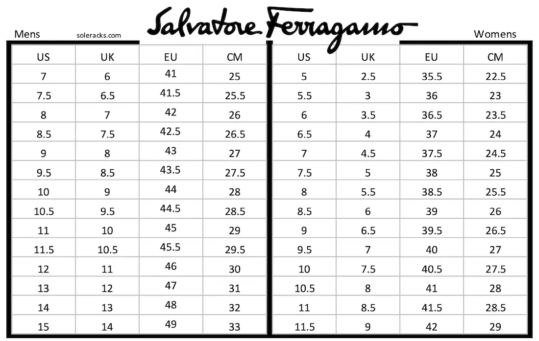 Salvadore Ferragamo Shoes Size Chart Men Women