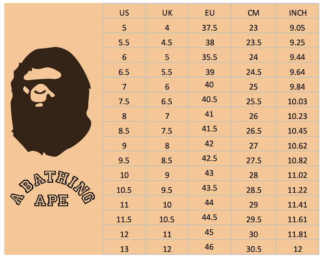 A Bathing Ape Shoes Size Chart Mens Womens Unisex