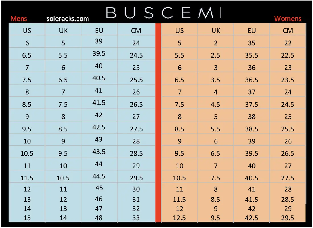 Buscemi Shoes Size Chart Mens Womens Unisex