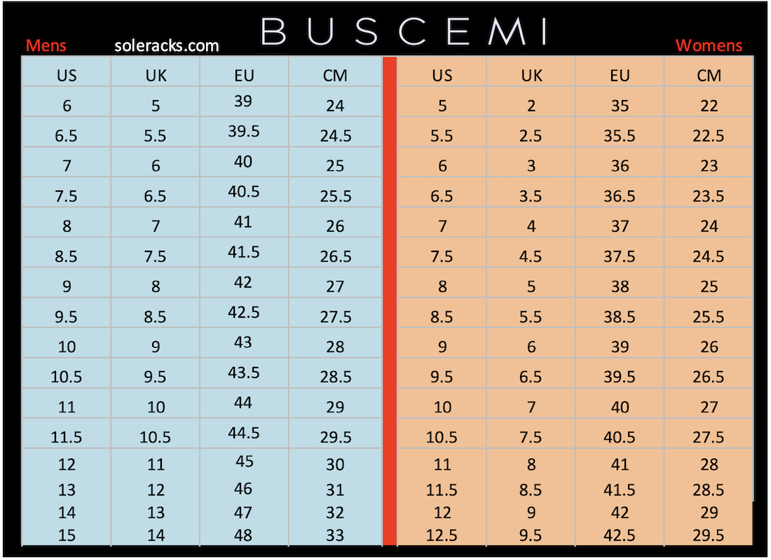 Buscemi Shoes Size Chart Mens Womens Unisex