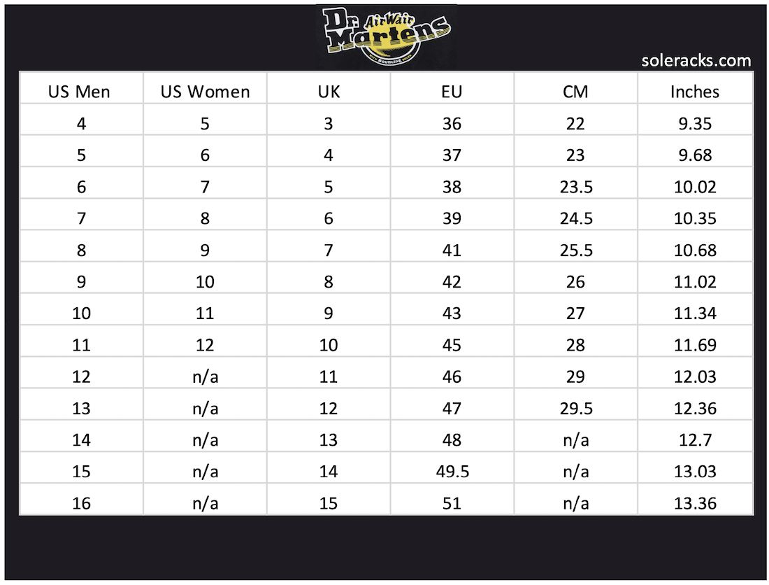 DR Martens shoes size chart