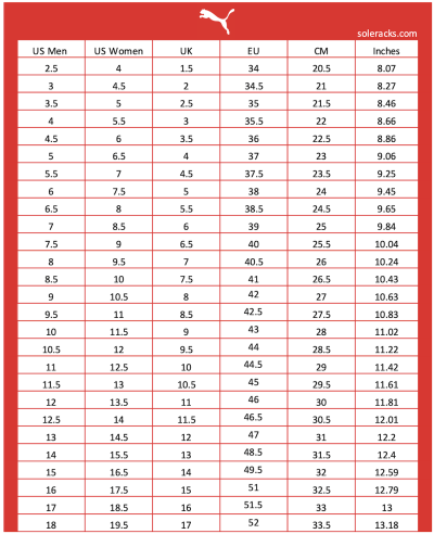 Puma Shoes Size Chart Men's & Women's & Unisex - Soleracks