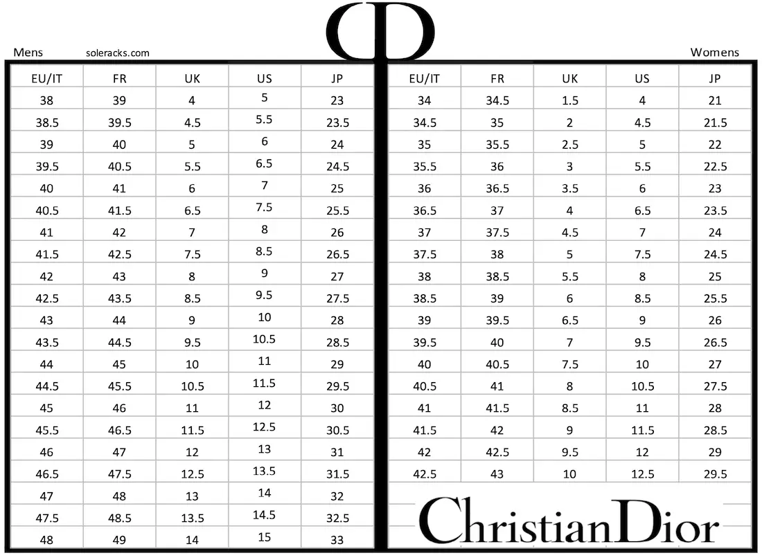 Christian Dior Shoes Size Chart conversion Men Women Unisex