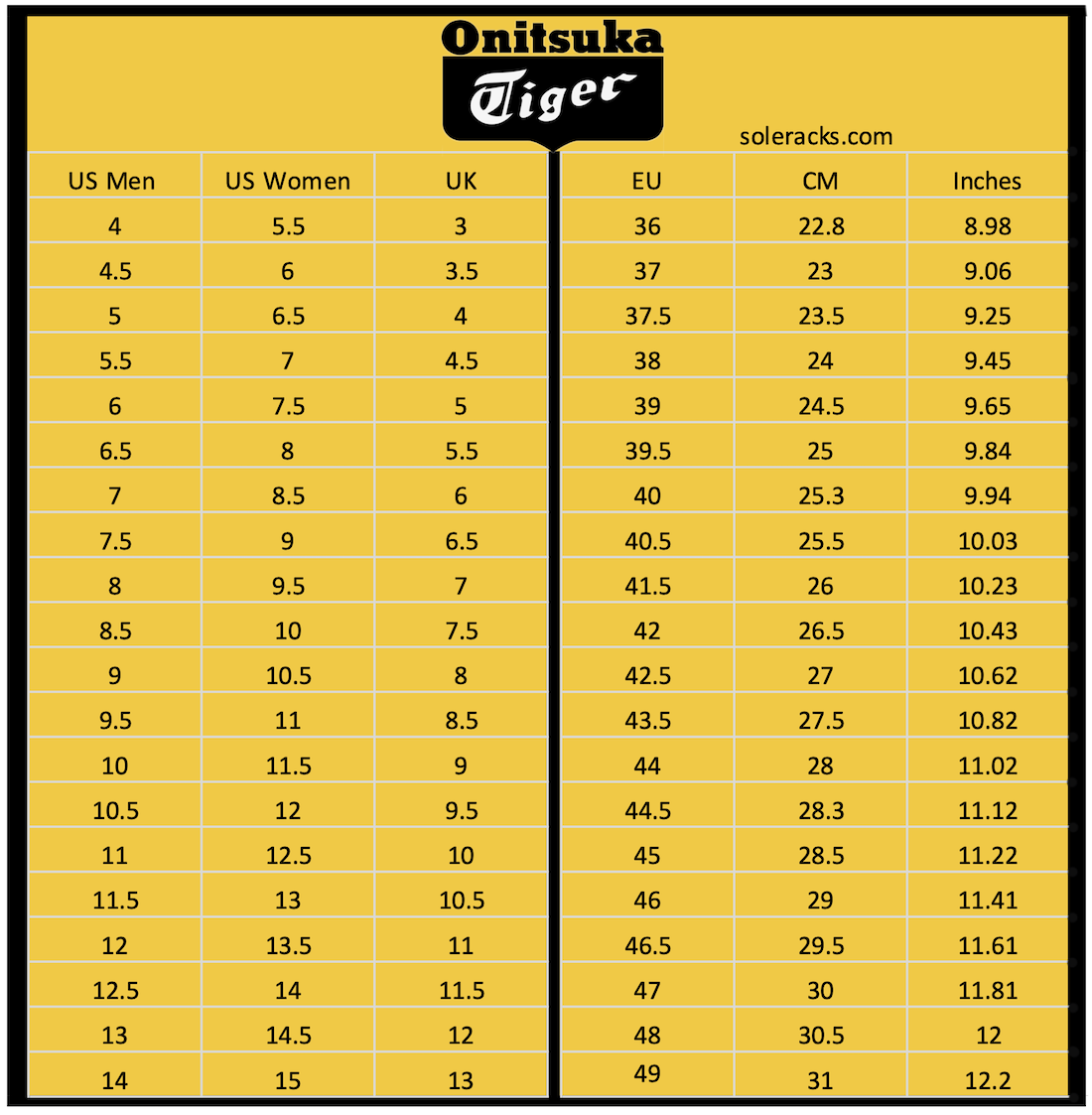 Onitsuka Tiger Size Chart Conversion Men Women Unisex