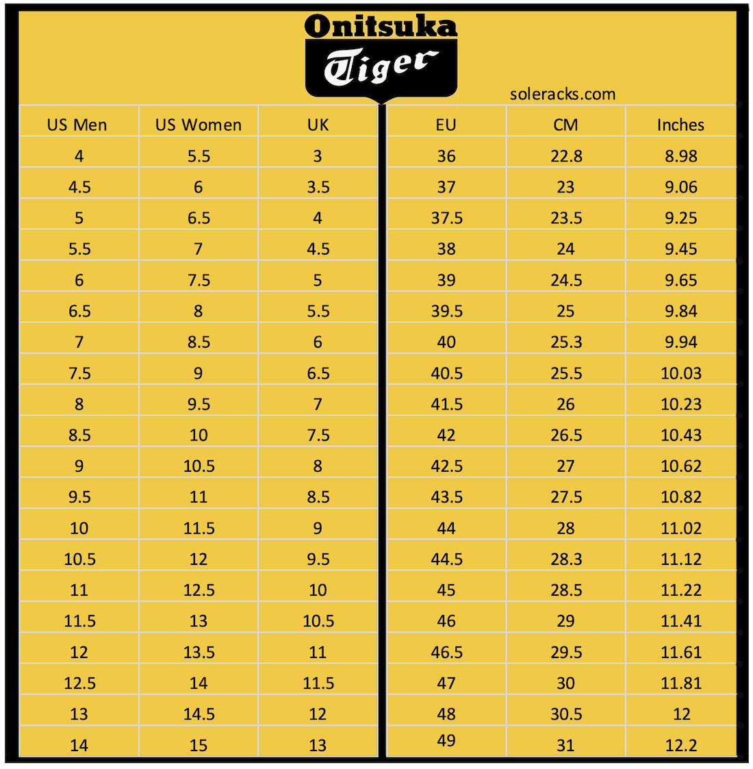 Onitsuka Tiger Shoes Size Chart Men s Women s Soleracks