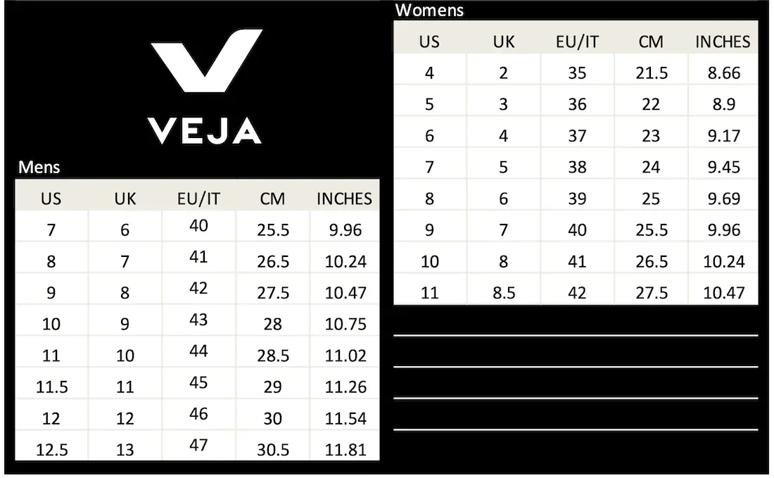 Veja Shoes Size Chart Guide Men Women